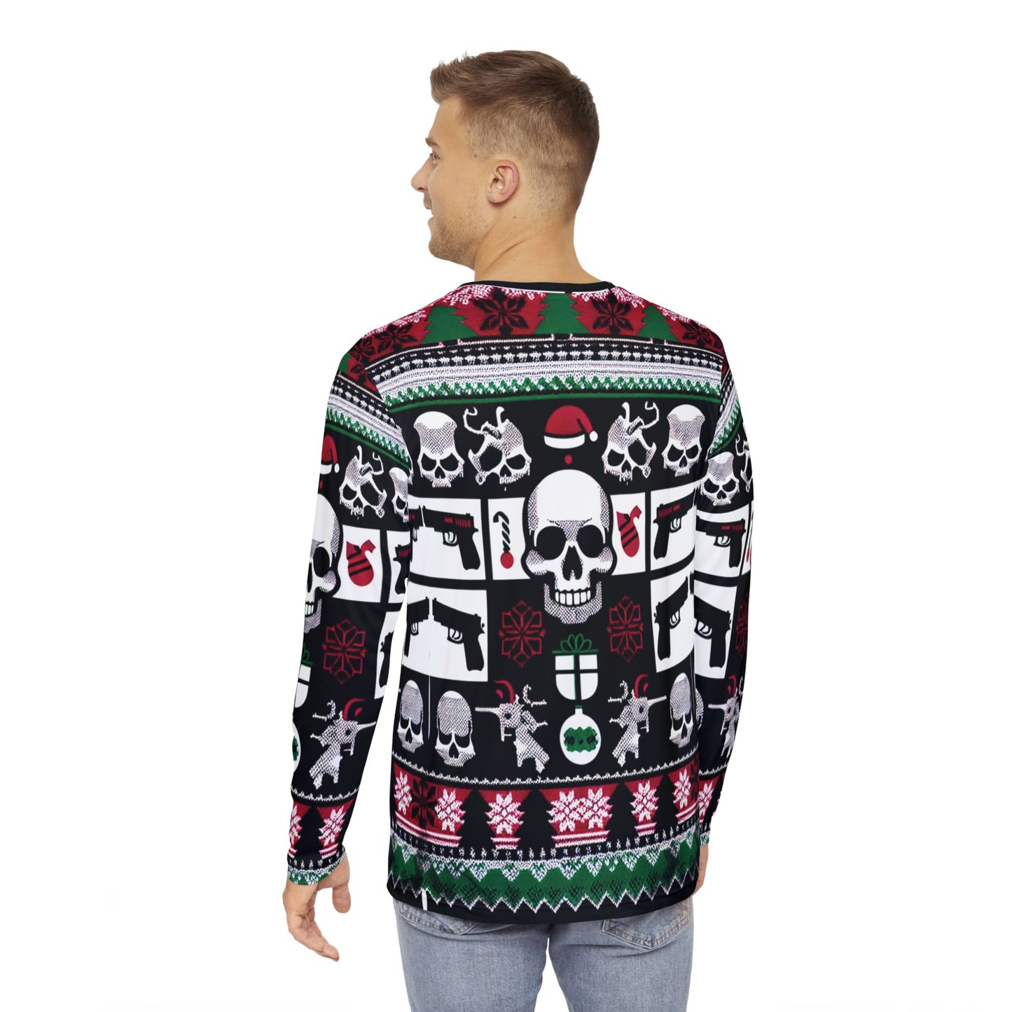 Men's Long Sleeve Holiday Skull Shirt - Festive and Bold Ugly Sweater Style