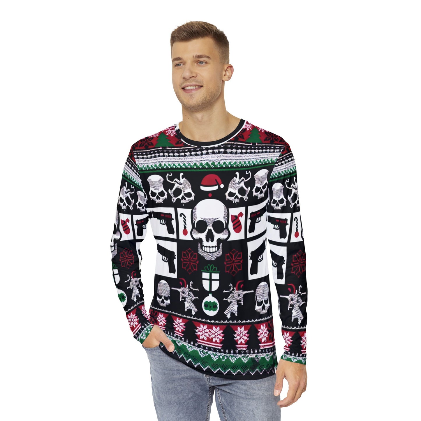 Men's Long Sleeve Holiday Skull Shirt - Festive and Bold Ugly Sweater Style